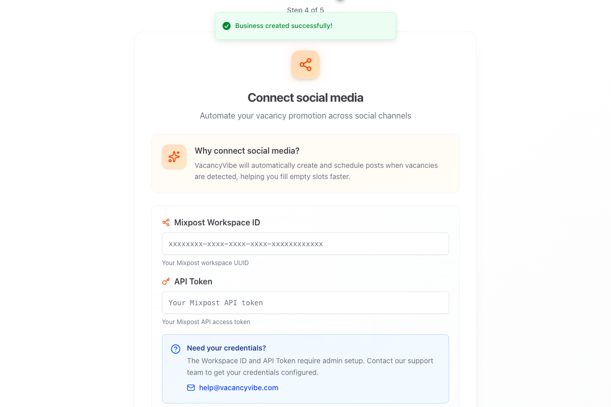 Social media setup screen